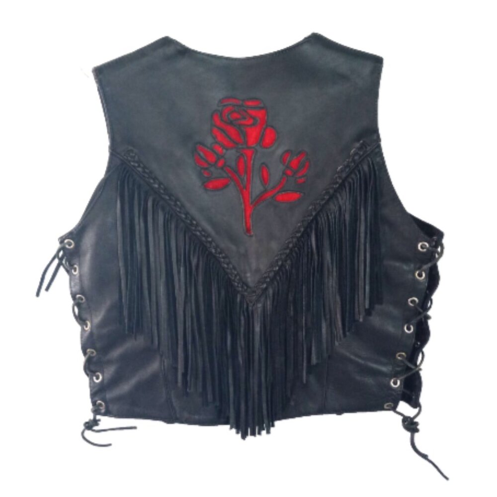 Hot Leathers Womens Fringe Leather Vest M Black Red Rose Lace UP Sides Snaps EUC - Picture 2 of 16